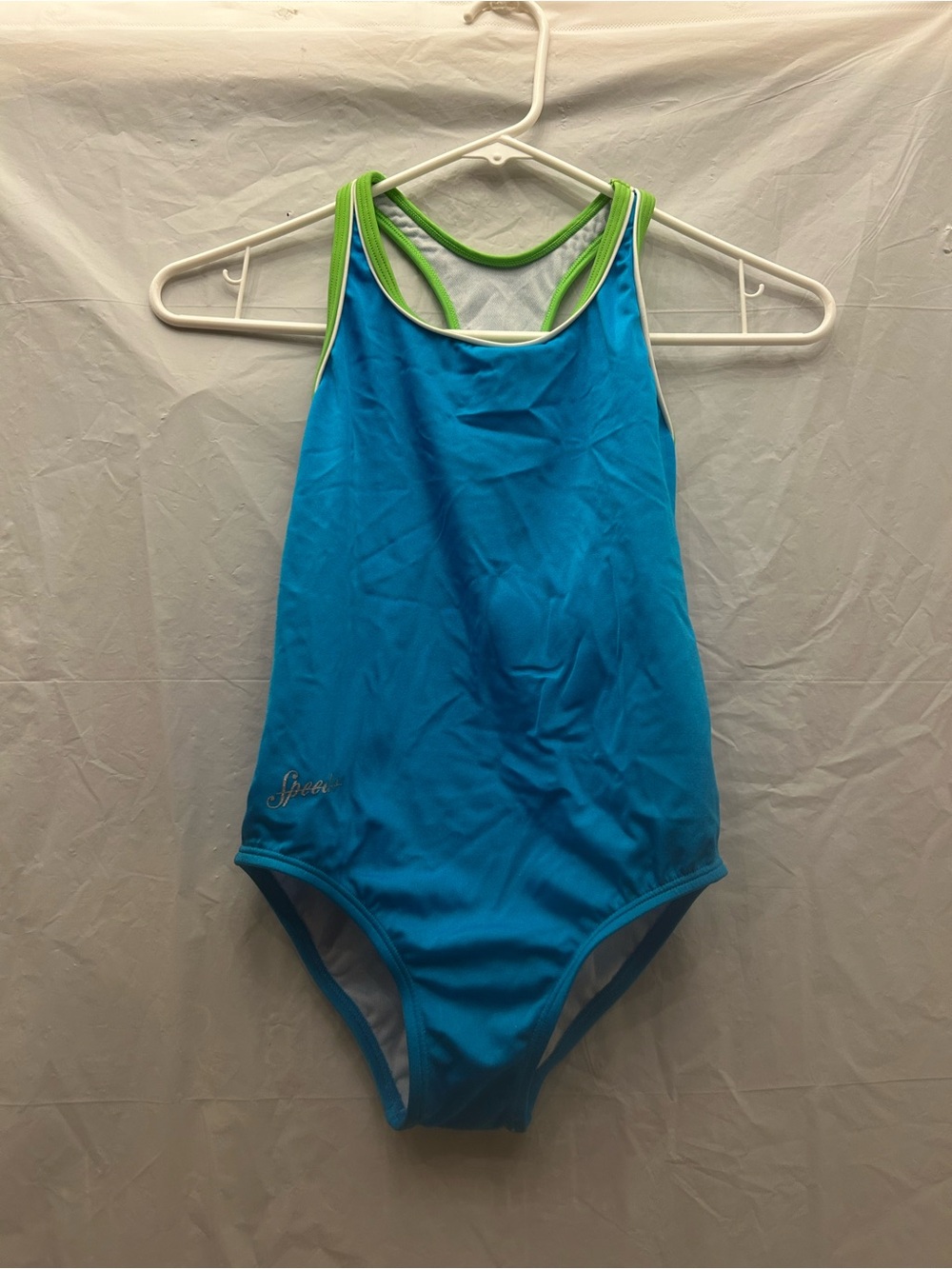 Speedo Girl’s Bright Blue One-Piece Swimsuit with Lime Trim Sz 12 NWWT